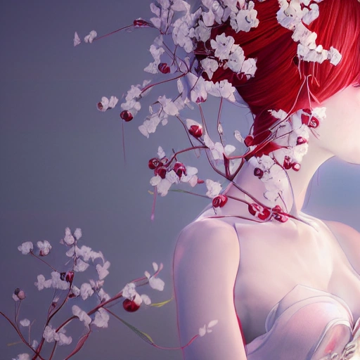 the portrait of the absurdly beautiful, graceful, elegant, gorgeous, fashionable photorealistic anime european woman made of cherries and white petals with tears, an ultrafine hyperrealistic illustration by kim jung gi, irakli nadar, intricate linework, bright colors, octopath traveler, final fantasy, unreal engine highly rendered, global illumination, radiant light, intricate environment