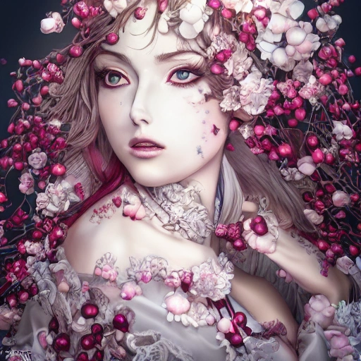 the portrait of the absurdly beautiful, graceful, elegant, gorgeous, fashionable photorealistic anime european woman made of cherries and white petals with tears, an ultrafine hyperrealistic illustration by kim jung gi, irakli nadar, intricate linework, bright colors, octopath traveler, final fantasy, unreal engine highly rendered, global illumination, radiant light, intricate environment