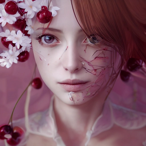 the portrait of the absurdly beautiful, graceful, elegant, gorgeous, fashionable photorealistic anime european woman made of cherries and white petals with tears, an ultrafine hyperrealistic illustration by kim jung gi, irakli nadar, intricate linework, bright colors, octopath traveler, final fantasy, unreal engine highly rendered, global illumination, radiant light, intricate environment