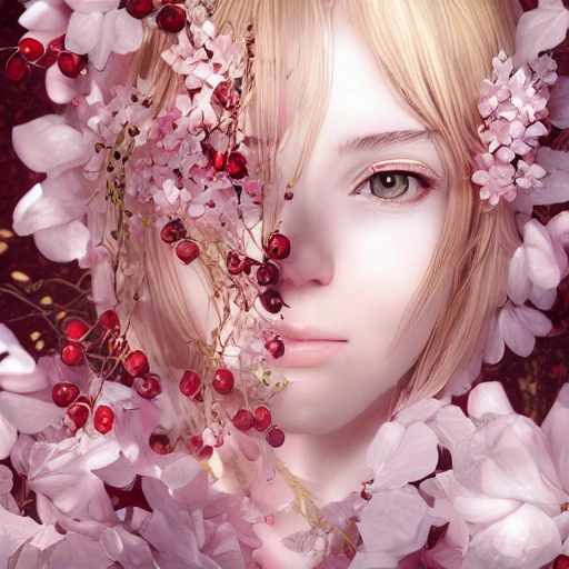 the portrait of the absurdly beautiful, graceful, elegant, gorgeous, fashionable photorealistic anime european woman made of cherries and white petals with tears, an ultrafine hyperrealistic illustration by kim jung gi, irakli nadar, intricate linework, bright colors, octopath traveler, final fantasy, unreal engine highly rendered, global illumination, radiant light, intricate environment