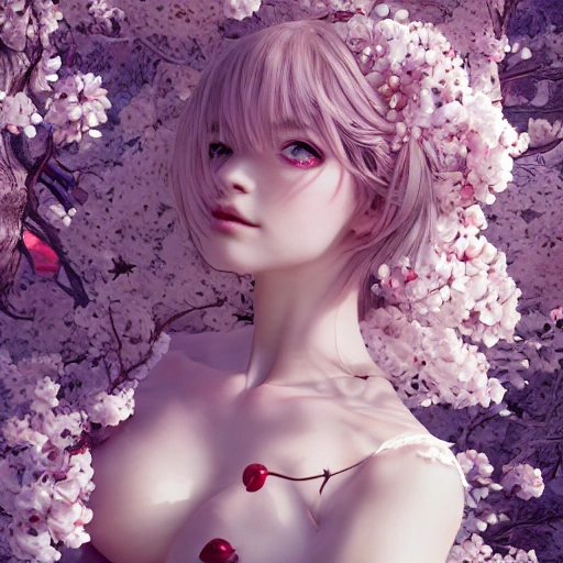 the portrait of the absurdly beautiful, graceful, elegant, gorgeous, fashionable photorealistic anime european woman made of cherries and white petals with tears, an ultrafine hyperrealistic illustration by kim jung gi, irakli nadar, intricate linework, bright colors, octopath traveler, final fantasy, unreal engine highly rendered, global illumination, radiant light, intricate environment