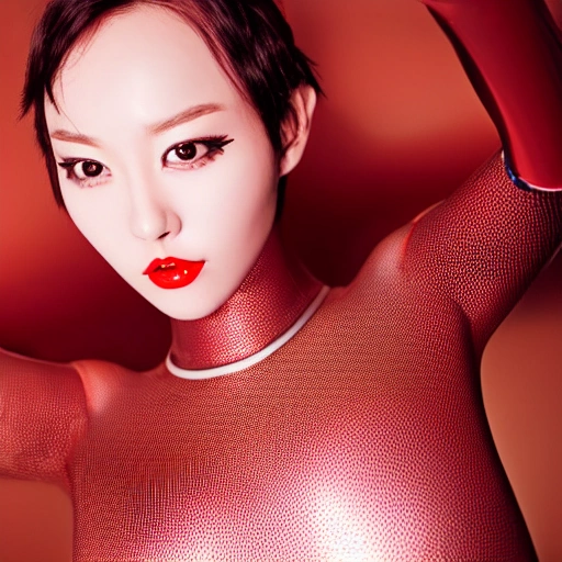 (1girl), (full body), (futuristic sci-fi bodysuit), (big naked boobs), Beautiful Korean woman, kpop idol, (Cute Loose Bob hairstyle), symmetrical eyes, realistic, sharp focus, HD, highly detailed, intricate, photography, hyperrealism, hyperrealistic, film, studio portrait, detail, dramatic lighting, (red lips), (toned stomach)