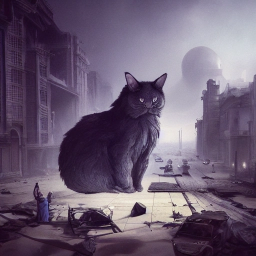 (((A Huge gigantic mutant cat that measures three meters high, in the middle of a street ravaged by the apocalypse sitting on top of some buildings))), photorealistic, perfect details, perfect composition, beautiful detailed intricate insanely detailed octane render trending on artstation, action pose, 8 k artistic photography, photorealistic concept art, soft natural volumetric cinematic perfect light, chiaroscuro, award - winning photograph, masterpiece, oil on canvas, raphael, caravaggio, greg rutkowski, beeple, beksinski, giger, moody lighting, 8 k resolution, octane render, trending on artstation, by h. r. giger and greg rutkowski, haze, ultra-detailed, film photography, light leaks, Larry Bud Melman, trending on artstation, sharp focus, studio photo, intricate details, highly detailed, by greg rutkowski, Nikon D3100 | ISO 450 | focal length 50 mm (Sigma 50mm f1.5) | aperture f/4 | exposure time 1/250 Sec (DRI) , Trippy