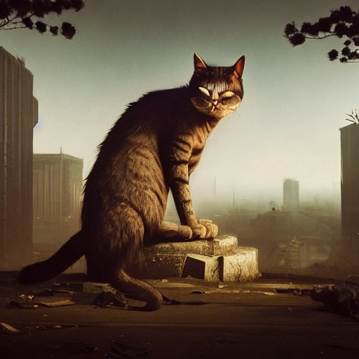 (((A Huge gigantic mutant cat that measures three meters high, in the middle of a street ravaged by the apocalypse sitting on top of some buildings))), photorealistic, perfect details, perfect composition, beautiful detailed intricate insanely detailed octane render trending on artstation, action pose, 8 k artistic photography, photorealistic concept art, soft natural volumetric cinematic perfect light, chiaroscuro, award - winning photograph, masterpiece, oil on canvas, raphael, caravaggio, greg rutkowski, beeple, beksinski, giger, moody lighting, 8 k resolution, octane render, trending on artstation, by h. r. giger and greg rutkowski, haze, ultra-detailed, film photography, light leaks, Larry Bud Melman, trending on artstation, sharp focus, studio photo, intricate details, highly detailed, by greg rutkowski, Nikon D3100 | ISO 450 | focal length 50 mm (Sigma 50mm f1.5) | aperture f/4 | exposure time 1/250 Sec (DRI) , Trippy