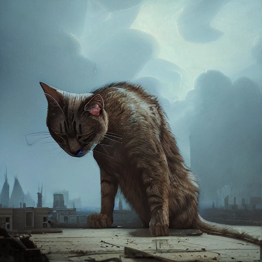 (((A Huge gigantic mutant cat that measures three meters high, in the middle of a street ravaged by the apocalypse sitting on top of some buildings))), photorealistic, perfect details, perfect composition, beautiful detailed intricate insanely detailed octane render trending on artstation, action pose, 8 k artistic photography, photorealistic concept art, soft natural volumetric cinematic perfect light, chiaroscuro, award - winning photograph, masterpiece, oil on canvas, raphael, caravaggio, greg rutkowski, beeple, beksinski, giger, moody lighting, 8 k resolution, octane render, trending on artstation, by h. r. giger and greg rutkowski, haze, ultra-detailed, film photography, light leaks, Larry Bud Melman, trending on artstation, sharp focus, studio photo, intricate details, highly detailed, by greg rutkowski, Nikon D3100 | ISO 450 | focal length 50 mm (Sigma 50mm f1.5) | aperture f/4 | exposure time 1/250 Sec (DRI) , Trippy