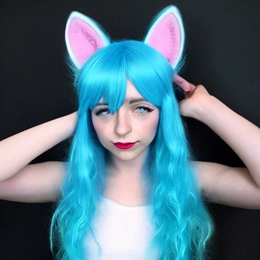 cat ears, {{white hair}}, {small blue hair ribbon}, {small pink hair ribbon}, blue gradation eyes, curly hair, {{{white fur coat}}}, sexy girl
