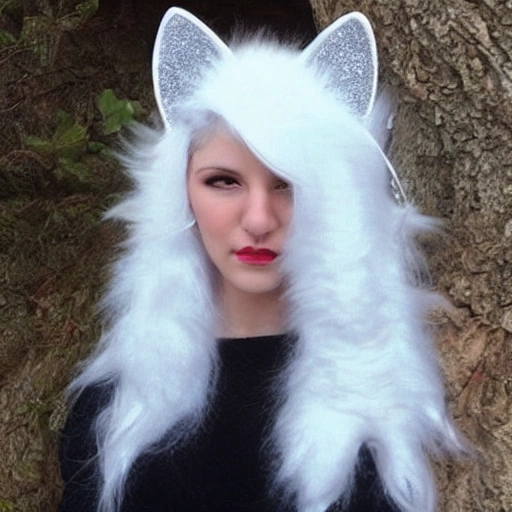 cat ears, {{white hair}}, {small blue hair ribbon},  curly hair, {{{white fur coat}}}, sexy girl
