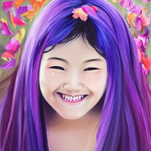 Girl with flower petals in her hair, smiling, straight hair 40cm, blue-purple ends, Asian girl, long eyelashes, Oil Painting