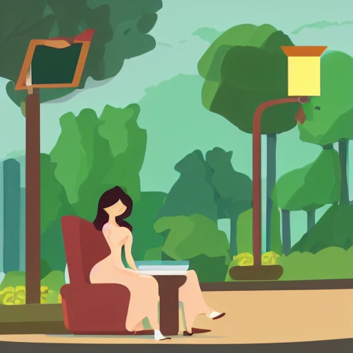 A woman in a yellow dress sits on a wooden park chair with a computer, illustration, flat design, on the background of several green leaves and two trees, a street lamp and a cup of coffee on a chair