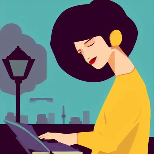 A woman in yellow clothes sitting on a park wooden chair, a computer, illustration, flat design, a few green leaves in the background, two trees, a street lamp, a cup of coffee on the chair, gradient to light green background