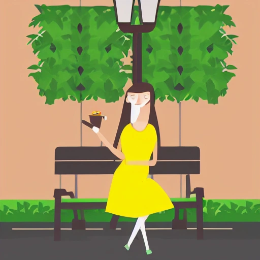 A woman, facing the viewer, sits on a wooden park chair in a yellow dress, a computer, illustration, flat design, a few green leaves in the background and two trees, a street lamp, a cup of coffee on a chair, gradient to light green background