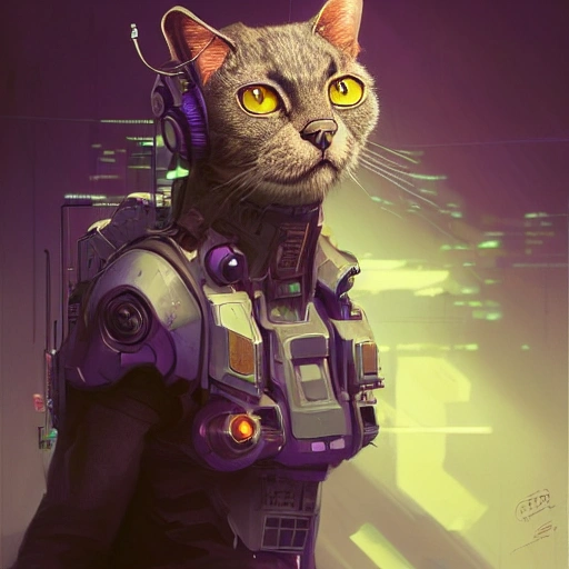 a beautiful portrait of a cute cyberpunk cat by greg rutkowski and wlop, purple blue color scheme, high key lighting, digital art, highly detailed, fine detail, intricate, ornate, complex , 3D