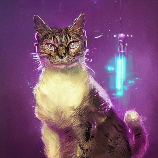 a beautiful portrait of a cute cyberpunk cat by greg rutkowski and wlop, purple blue color scheme, high key lighting, digital art, highly detailed, fine detail, intricate, ornate, complex , 3D