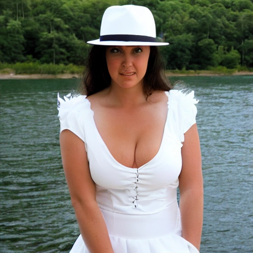 boat rate photo,small breasts,summer outdoors,white dress,white hat,black hair,