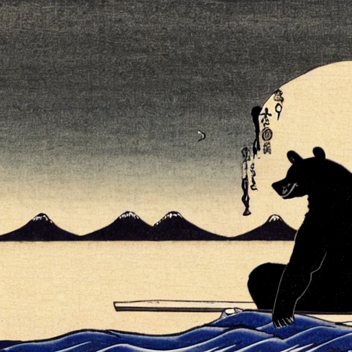 giant black bear looks like a monster, standing on a small wooden boat with rough waves and a Japanese coastal landscape in the distance, ukiyo-e style