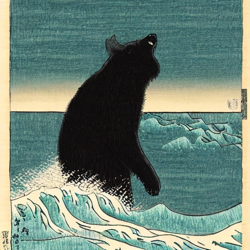 giant black bear looks like a monster, standing on a small wooden boat with rough waves and a Japanese coastal landscape in the distance, ukiyo-e style, Pencil Sketch