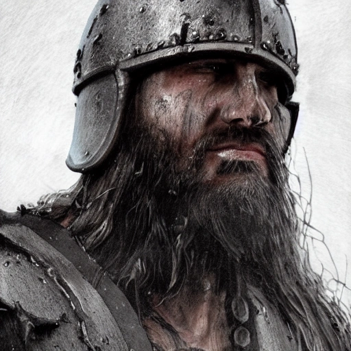 Close-up of Viking King emerging from wet black mud :: Dark metal helmet with two large black horns on the sides of the helmet :: dark warpaint :: scruffy black beard :: angry expression :: scar on face :: Viking Axe :: cinematic lighting, volumetric rays, moody, wet, dripping mud. 8K 4D, Pencil Sketch