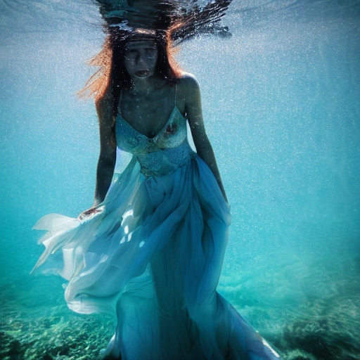 High detail RAW color photo professional, highly detail face: 1.4, a detailed portrait of a woman floating underwater wearing long flowing dress, nymph style, amazing underwater, detailed skin, wet clothes, wet hair, see-through clothes, lens flare, shade, tindal effect, lens flare, backlighting, bokeh