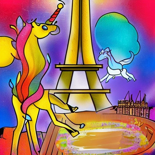 Un unicornio de colores bebiendo una jarra de cerveza junto a la torre eiffel