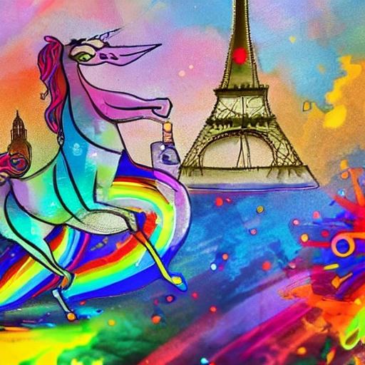 Un unicornio de colores bebiendo una jarra de cerveza junto a la torre eiffel