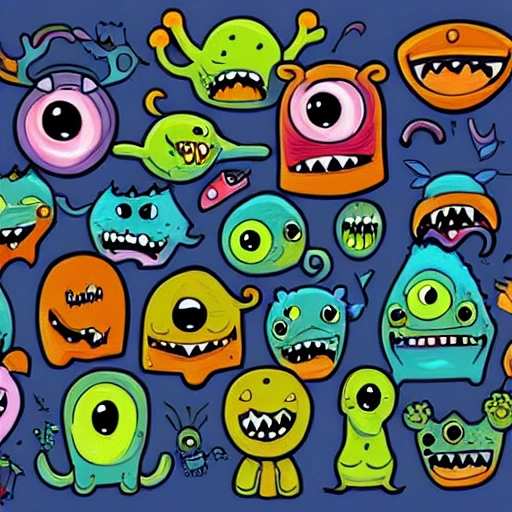 many monsters, doodle art style, colorful, funny
