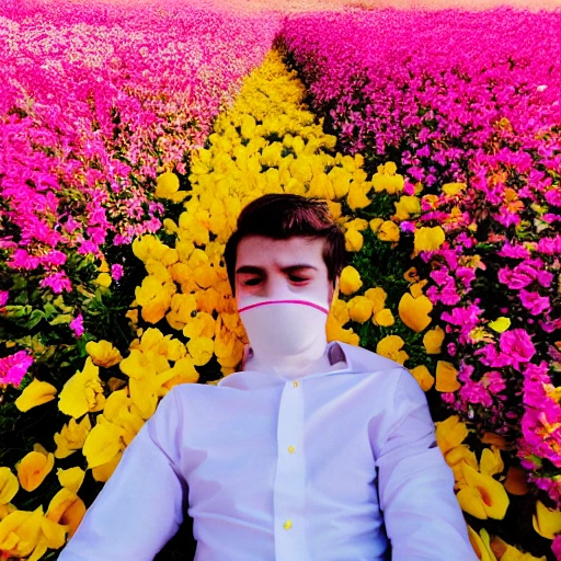 A young man in a white shirt lay among pink and yellow flowers, The flowers covered his face, The sunlight fell on him, Overhead shot, Full length shot, sunny day, light tone, Kodak film