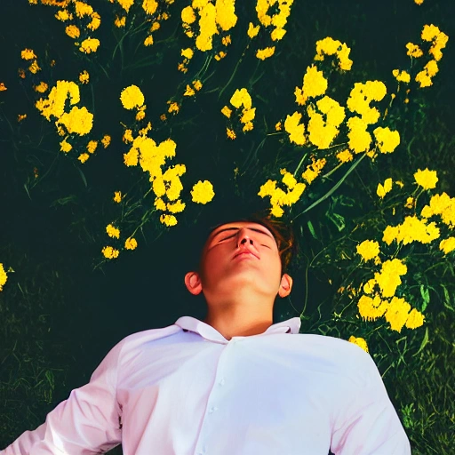 A young man in a white shirt lay among pink and yellow flowers, The flowers covered his face, The sunlight fell on him, Overhead shot, Full length shot, sunny day, light tone, Kodak film, Water Color