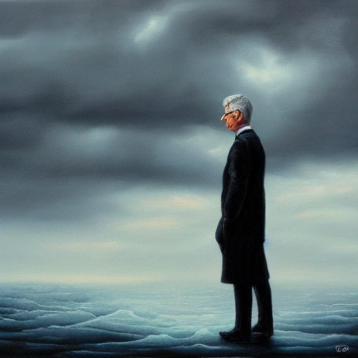 oil painting - Oil painting style of a cold, calculating man, with dark, stormy background, fantasy , by David Cronenberg, HD, standing, dark, 