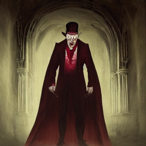 Front of middle aged human dracula with macabre, comically large pink wide brim hat, dark hair and with scarred face, dark cathedral, perfect composition, hyperrealistic, super detailed, 8k, high quality, trending art, trending on artstation, sharp focus, studio photo, intricate details, highly detailed, by greg rutkowski