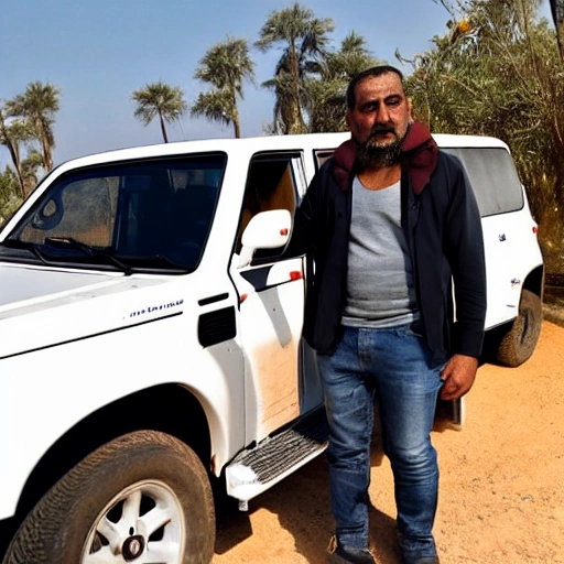 a real shot of an arab handsome father with long hair driving a 4x4 white 2023 nissan patrol, next to him mum wearing hijab carrying a new born baby , children in the back seats two boy age 9 and 10,and two girls age 7 and 2  behind singing having fun, objects splashing in the air, excessive details, 4K, cinematic mode, realistic, real scene, print, KV v 4 