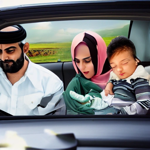 a real shot of an arab handsome father with long hair driving a 4x4 white 2023 nissan patrol, next to him mum wearing hijab carrying a new born baby , children in the back seats two boy age 9 and 10,and two girls age 7 and 2  behind singing having fun, objects splashing in the air, excessive details, 4K, cinematic mode, realistic, real scene, print, KV v 4 , Oil Painting