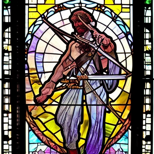 Zodiac Signs, man with bow and arrow, Stained Glass Cathedral, Alphonse Mucha, James Jean, Erin Hanson, hyperdetailed, backlit