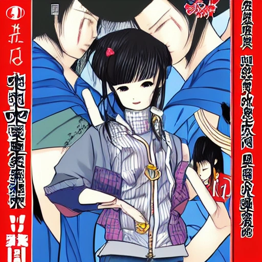 apanese manga style in 1990, YAKUZA style, Aged texture, A evil girl, There are some Chinese characters and trendy labels on the clothes, The background is a blue bus stop sign, tull body, trendy toys design, a character portrait by okumura Togyu, featured on pixiv, toyism, tarot card, anime aesthetic, flat colors, dynamic angle, masterpiece, best quality, hyper details, no strange animals or plants --niji 5