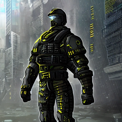 armored soldier with heavy weapon, in the style of cyberpunk imagery, forestpunk, light gray and yellow, intel core, rangercore, focus on joints/connections