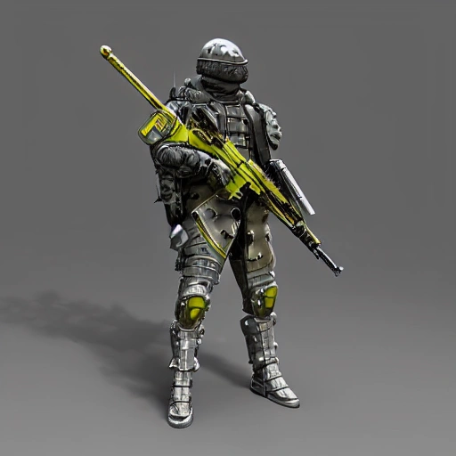 armored soldier with heavy weapon, in the style of cyberpunk imagery, forestpunk, light gray and yellow, intel core, rangercore, focus on joints/connections, 3D