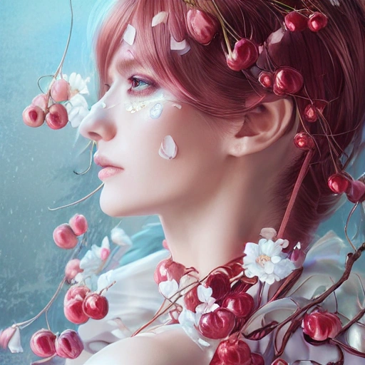 the portrait of the absurdly beautiful, graceful, elegant, gorgeous, fashionable photorealistic anime european woman made of cherries and white petals with tears, an ultrafine hyperrealistic illustration by kim jung gi, irakli nadar, intricate linework, bright colors, octopath traveler, final fantasy, unreal engine highly rendered, global illumination, radiant light, intricate environment