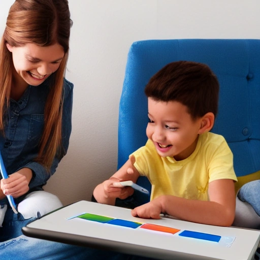 Happy kid drawing a family on a tablet
