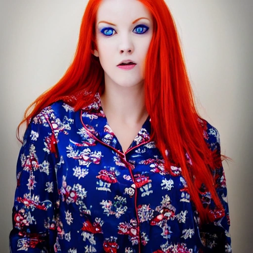 busty woman redhair with pijamas and blue eyes