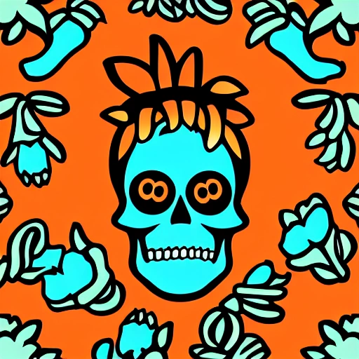 Vector flat Flyer, Flyer flat vector 2D image of a skull surrounded by ornamental elements such as mates, flowers, garlands of lights and native plants, colors Orange, Turquoise and Black, Cartoon