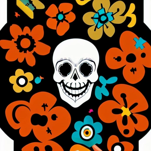 Vector flat Flyer, Flyer flat vector 2D image of a skull surrounded by ornamental elements such as mates, flowers, garlands of lights and native plants, colors Orange, Turquoise and Black, Cartoon, 3D