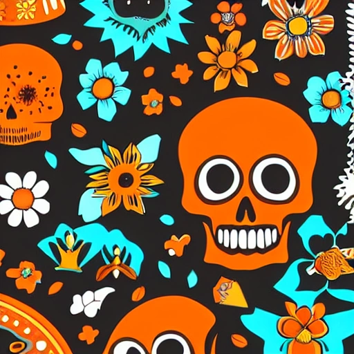 Vector flat Flyer, Flyer flat vector 2D image of a skull surrounded by ornamental elements such as mates, flowers, garlands of lights and native plants, colors Orange, Turquoise and Black, Cartoon, 3D, 3D, Pencil Sketch