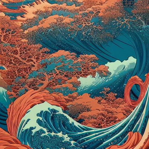 hyperdetailed swirling line art Hokusai, Victo Ngai, Kilian Eng vibrant colors, winning-award masterpiece, fantastically gaudy, aestheticly inspired by beksinski and dan mumford, 4K upscale with Simon Stalenhag work