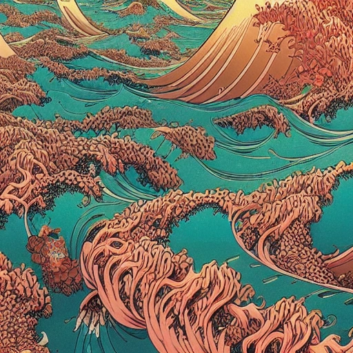 hyperdetailed swirling line art Hokusai, Victo Ngai, Kilian Eng vibrant colors, winning-award masterpiece, fantastically gaudy, aestheticly inspired by beksinski and dan mumford, 4K upscale with Simon Stalenhag work