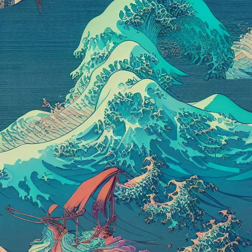 hyperdetailed swirling line art Hokusai, Victo Ngai, Kilian Eng vibrant colors, winning-award masterpiece, fantastically gaudy, aestheticly inspired by beksinski and dan mumford, 4K upscale with Simon Stalenhag work, 3D