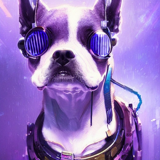 a beautiful portrait of a cute cyberpunk dog by greg rutkowski and wlop, purple blue color scheme, high key lighting, digital art, highly detailed, fine detail, intricate, ornate, complex 