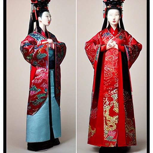 Han Dynasty imperial court costume, female ai robot wearing red long-sleeved Hanfu, intricate and colorful style, fantasy and realistic setting, radiant and dynamic lighting.