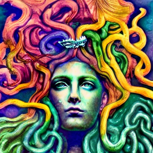 Medusa dela mitologia griega llena de ira, pano de fotografia americano, Water Color, Trippy