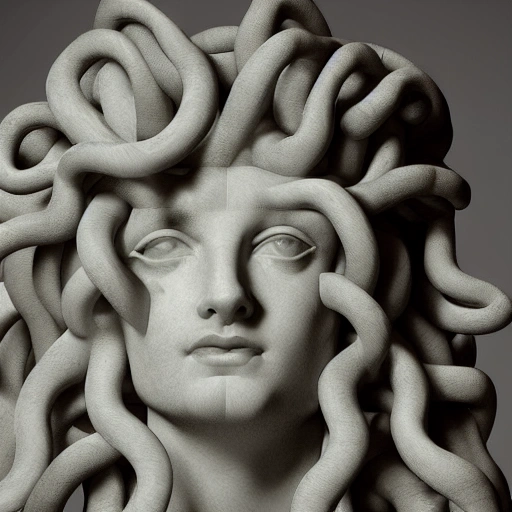 Medusa dela mitologia griega llena de ira, plano de fotografia americano, , 3D