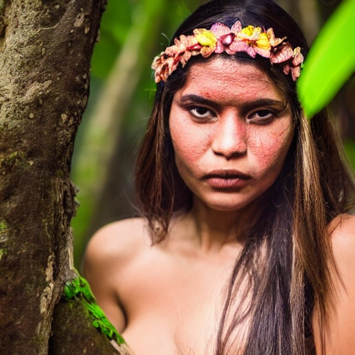 una hermosa mujer en la selva del amazonas, caracteristicas faciales claras, una lente de 70 mm, f 1/8, luz acentuada, iluminacion global, Trippy