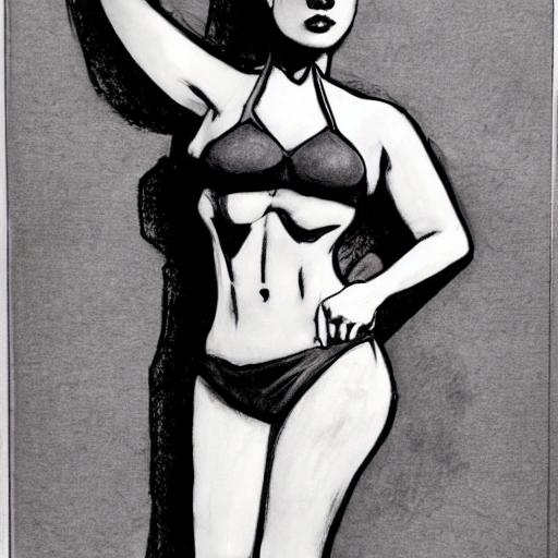 retrato súcubo mujer de cuerpo completo con bikini, con cuerpo curvilíneo delgado dibujo de robin wood , editorial columba, tendencia en comic, presentado en revista darthagnan, composición cinematográfica, detalle extremo, Pencil Sketch, Cartoon